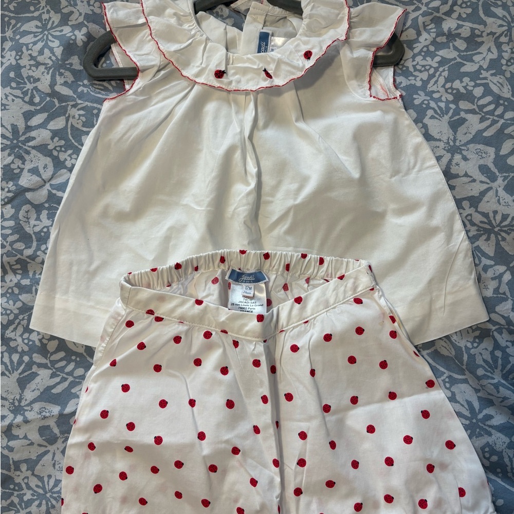 Jacadi White Ruffled Top and lady bug Shorts Set